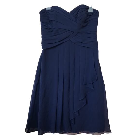 David's Bridal Short Crinkle Chiffon Dress Front Cascade Navy Strapless Mini - Picture 5 of 13